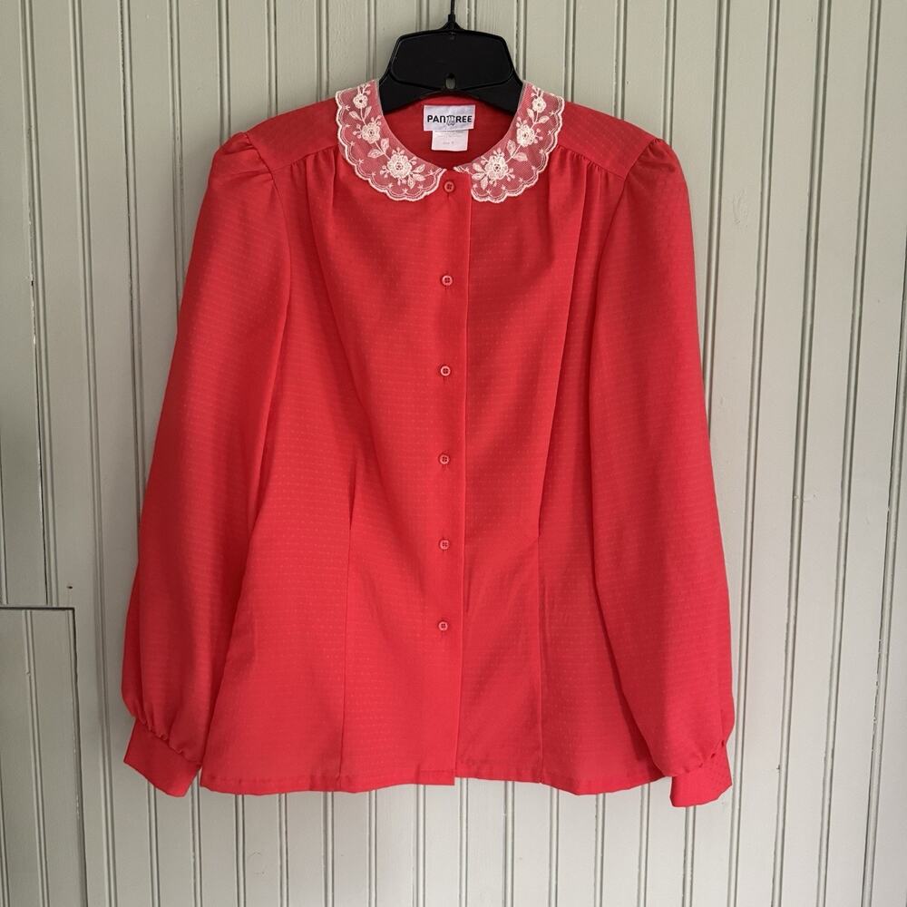 Vtg 80s Pantree Red Blouse Peter Pan Lace Collar Satin Feel Women Size 9 Retro